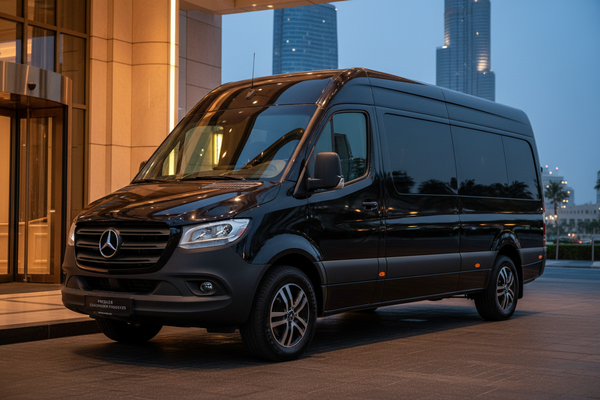 16-seater black Mercedes Sprinter for booking in Dubai by Bingo Tours