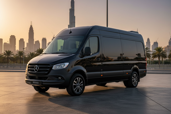 19-seater black Mercedes Sprinter for booking in Dubai by Bingo Tours