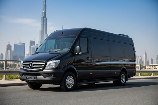 20-seater black Mercedes Sprinter van for booking in Dubai by Bingo Tours
