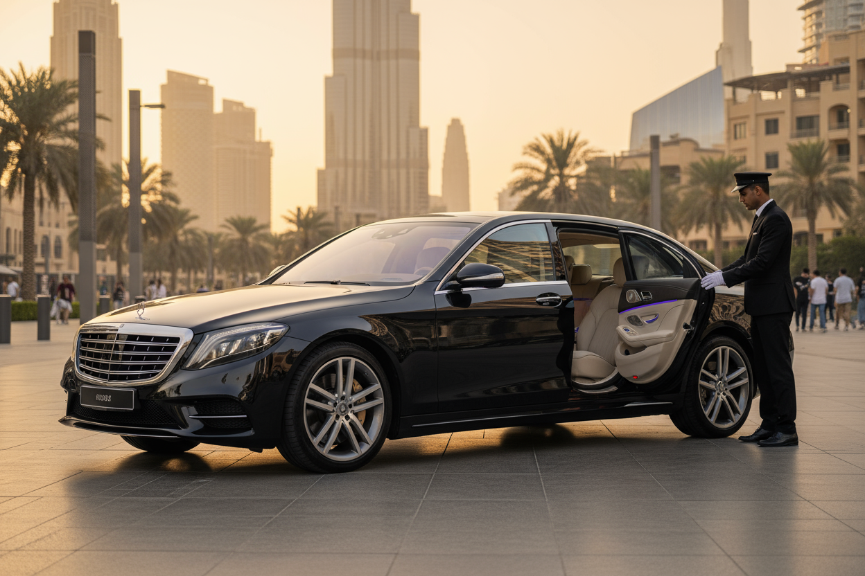 Luxury car with driver in Dubai by Bingo Tours – premium chauffeur service near Burj Khalifa
