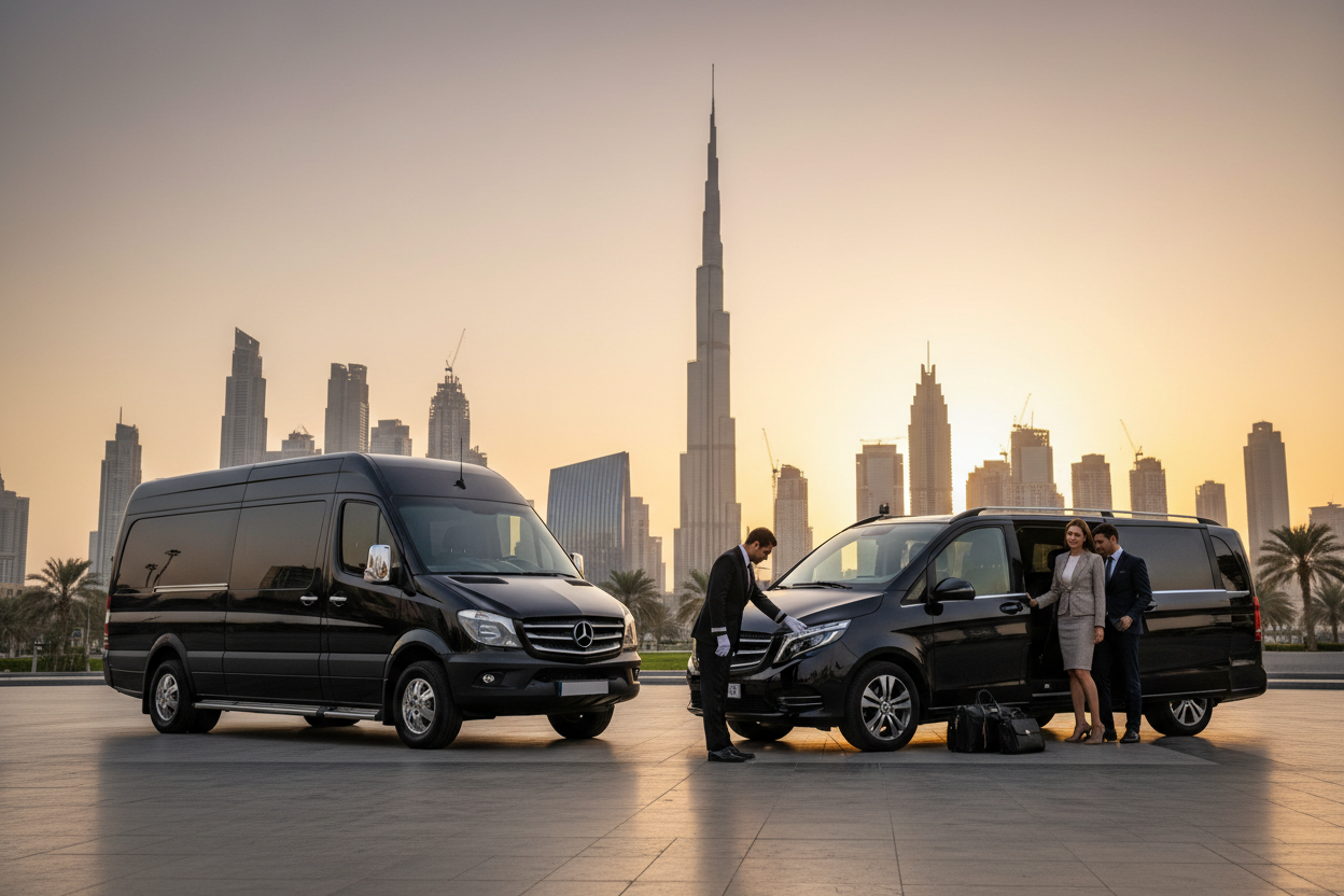 Luxury Mercedes Sprinter 16-seater van and Mercedes V-Class 7-seater with chauffeur opening door for VIP passengers in front of Dubai skyline at sunset